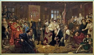 ""Lublinská unie"": politická smlouva podepsaná 1. července 1569 v Lublinu (Polsko), která sjednotila Polské království a Litevské velkovévodství do jediného státu, Republiky dvou národů, ovládané monarchií volební olej na plátně