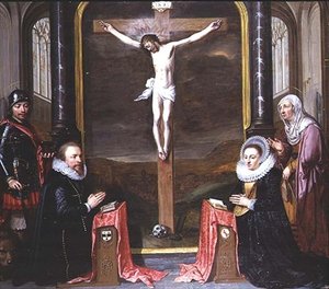 Ukřižování s portréty dárců Adriaen Meusyenbroeck a jeho manželka Anna Elant za účasti sv. Adriana a sv. Alžběty od Jan Anthonisz. van Ravesteyn