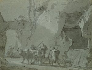 Shepherds in Front of an Archway, cca 1650-52 (indický inkoust a křída na papíře)