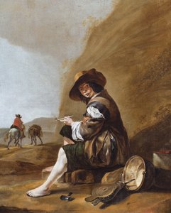 Sedící a kouřící venkovský chlapec (olej na plátně) od Jan Baptist (attr.to) Weenix