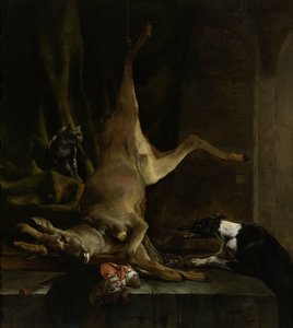 Pes a kočka poblíž částečně vykuchaného jelena od Jan Baptist Weenix