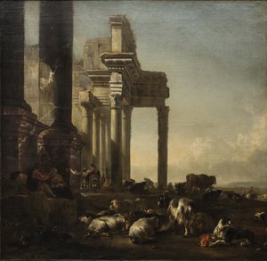 Italská krajina s rolníky, dobytkem a ovcemi u klasických ruin, cca 1650 (olej na plátně) od Jan Baptist Weenix