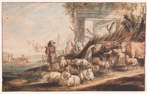 Pastýř se stádem ovcí a krávou mezi ruinami od Jan Baptist Weenix