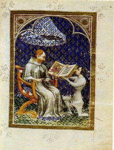 Jean de Vaudetar daruje knihu Karlu V. z Francie. Z Bible historiale Jean de Vaudetar, 1372 od Jan Bondol