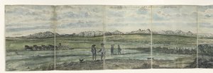 Panorama Hotentots Holandska Kaapsche Bergen od mysu na sever táhnoucí se od Baay fals po Tygerberg napříč. 1787 (název na objektu) od Jan Brandes