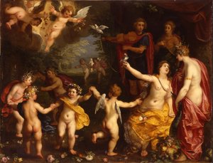 Alegorie lásky: Venuše drží pár upoutaných holubic s Ceres, Apollo a Dianou, obklopeni tančícími putti, v krajině