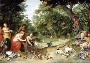 Alegorie živlů, Země, Vzduch a Voda: Nymfy koupající se na zalesněném mýtině s Trofejemi lovu poblíž, kolem roku 1621