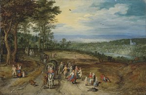 Rozsáhlá zalesněná krajina s pocestnými na trati a tančícími rolníky v popředí / Landscape with Travellers and Peasants on a Track (Krajina s pocestnými a rolníky na trati) od Jan Brueghel the Elder