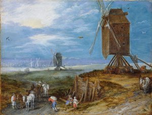 Nizozemština: Rozsáhlá krajina s mlýny, rolníky a povozy v popředí Rozsáhlá krajina s mlýny, rolníky a povozy v popředí od Jan Brueghel the Elder