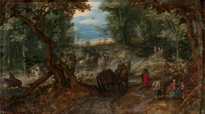 Les s vozy přejíždějícími potok a jezdci na koních od Jan Brueghel the Elder
