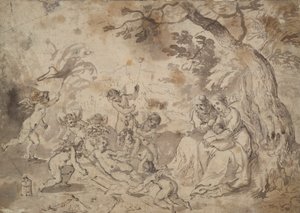 Panna Maria a svatý Josef a Ježíšek, svatý Jan a andělé hrající s nástroji umučení od Jan Brueghel the Elder