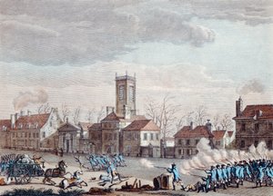 Bitva před Eglise de la Chapelle v Paříži. mezi strážci bariér Fermiers Generaux a revolucionáři dne 24. ledna 1791, kolem roku 1795 od Jan Bulthuis