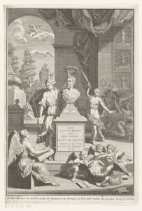 Busta Huga de Groota vychvalovaná Victorií Život a podnikání pana Huiga de Groota (název na předmětu) Titulní strana pro: Caspar Brandt a Adriaan van Cattenburg, Historie života pana Huiga de Groota, 1727