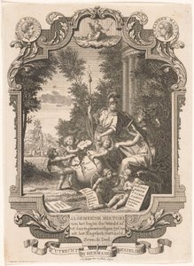Kartuše s alegorií dějin Řecka Titulní strana pro: Kornelis Westerbaen, Algemeene histori, 1742