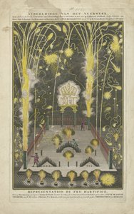 Ohňostroj odstartoval 15. října 1745 na svátek Marie Terezie na objednávku Anthoni de Groot Vyobrazení ohňostroje, Anthoni de Groot, Courantier van Hague, XV. října MDCCXLV o prvním incidentu Naamdag van Haare