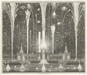 Ohňostroj v Haagu za mír v Cáchách, 1749 Zobrazení ohňostroje, odpáleného v Haagu, 13. června 1749, použitý den Aakensche Vreede / Representation du feu d
