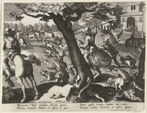Hertenjacht se setkal s hondenem Jachttaferelen (název série) Lov divoké zvěře, drůbeže a ryb v Bestiáři (název série) od Jan Collaert (II) (attributed to)