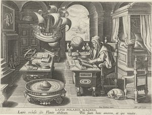 Vynález kompasu Lapis Polaris, Magnes (titul na objektu) Nové vynálezy a objevy (název série) Nova Reperta (název seriálu) od Jan Collaert (II) (attributed to)