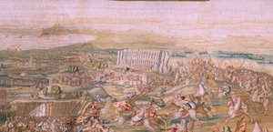 Vlámský gobelín. Seriál Dobytí Tunisu. Útok na La Goleta (Ataque a la Goleta). Čtvrtá tapisérie v sérii. Model Jan Vermeyen a Pieter Coecke van Aelst. 1543-1548. Výroba Real Fábrica de Tapices de Santa Bárbara, Madrid od Jan Cornelisz Vermeyen