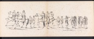 Maškaráda leidenských studentů, 1865 (deska 10) Krojovaný průvod členů leidenského studentského sboru 6. června 1865 na oslavu 290. výročí Leidsche Hoogeschool, zobrazující: vstup Holanďanů b