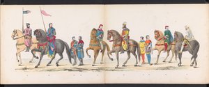 Maškaráda leidenských studentů, 1865 (deska 12) Krojovaný průvod členů leidenského studentského sboru 6. června 1865 na oslavu 290. výročí Leidsche Hoogeschool, zobrazující: vstup Holanďanů b