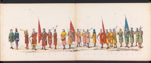 Maškaráda leidenských studentů, 1865 (deska 13) Krojovaný průvod členů leidenského studentského sboru 6. června 1865 na oslavu 290. výročí Leidsche Hoogeschool, zobrazující: vstup Holanďanů b