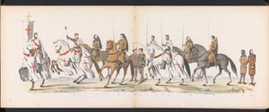 Maškaráda studentů z Leidenu, 1865 (deska 5) Kostýmovaný průvod členů leidenského studentského sboru 6. června 1865 na oslavu 290. výročí Leidsche Hoogeschool, zobrazující: vstup Nizozemců v r.