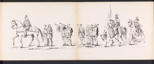 Maškaráda leidenských studentů, 1865 (deska 6) Kostýmovaný průvod členů leidenského studentského sboru 6. června 1865 na oslavu 290. výročí Leidsche Hoogeschool, zobrazující: vstup Nizozemců v r. od Jan Daniël Cornelis Carel Willem baron de Constant Rebecque