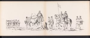 Maškaráda leidenských studentů, 1865 (deska 7) Kostýmovaný průvod členů leidenského studentského sboru 6. června 1865 na oslavu 290. výročí Leidsche Hoogeschool, zobrazující: vstup Nizozemců v