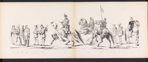 Maškaráda leidenských studentů, 1865 (deska 8) Kostýmovaný průvod členů leidenského studentského sboru 6. června 1865 na oslavu 290. výročí Leidsche Hoogeschool, zobrazující: vstup Nizozemců v r.