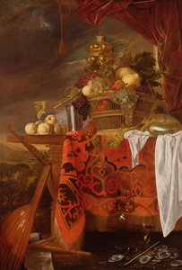 Košík míchaného ovoce se zlaceným pohárem, stříbrným kalichem, nautilem, sklenicí a broskvemi na talíři od Jan Davidsz de Heem