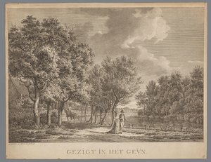 Krajina s párem procházejícím se po březích Geinu Gezigt in het Geÿn (název na objektu)