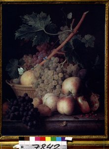 ""Ovoce"" Zátiší z broskví, hroznů, hrušek a granátových jablek s motýly a vosou. Obraz Jeana Francoise van Daela (1764-1840) 1808 Puškinovo muzeum, Moskva