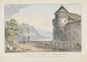 Pohled na hrad Chillon kasteel Vue du Chateau de Chillon à 2 lieues de Vevey (název na objektu)