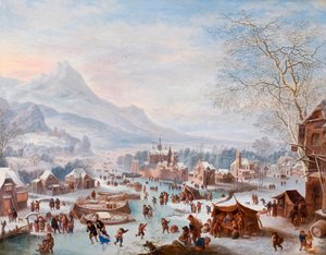 "Zimní scéna s bruslaři" (Zimní scéna s bruslaři) Malba Jana Griffiera (asi 1652-1718) - Olej na mědi - Rozměr 43x55 cm Hallwylska Museet, Stockholm