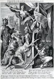 Merkur a Minerva vyzbrojují hrdinu býčí kůží a vavřínovým věncem, 1604