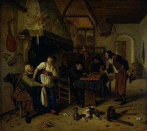 Interiér hostince se starým mužem, který se baví s bytnou a dvěma muži hrajícími vrhcáby, známý jako „Dva druhy her“ od Jan Havicksz. Steen