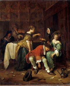 Špatná společnost. obraz Steena Jana Havicksze (1626-1679) (V S/DŘEVO 0,41 X 0,35).