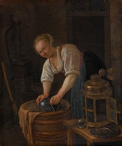 Žena čištění kovového zboží od Jan Havicksz. Steen