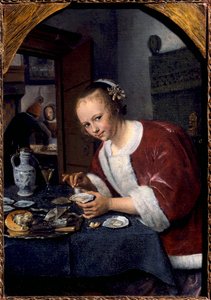 Mladá dívka jí ústřice Obraz Jana Steena (1626-1679) Sun. 0,14x0,2 m Haag. Mauritshuis