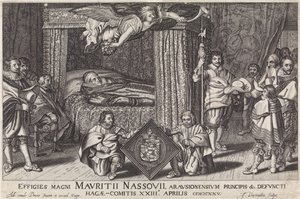 Paradebed van Prins Maurits, 1625 Podobiznami velkého Maurice Nassouiiho, prince z Arausion atd. zesnulého Hague-Comitis XXIII dubna 1825 (název na objektu) od Jan Hendriksz. Verstraelen