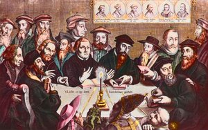 Světlo je umístěno na svícnu - rytina Jana HOUWENSE ukazuje reformátory- John Calvin a Martin Luther Imaginární setkání reformistických vůdců: John Wyclif (nebo Wycliff nebo Wycliffe od Jan Houwens