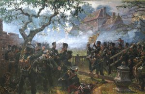 Nassauské jednotky u Hougoumontu během bitvy u Waterloo