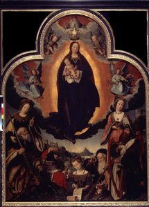 ""La Vierge en Gloire"" (Oslava Panny Marie) Mezi postavami obklopujícími Pannu a Ježíše Krista: Král David hrající na harfu, římský císař Augustus (Caius Julius Caesar Octavianus Augustus) (63 př.nl-14 n.l.), proroci