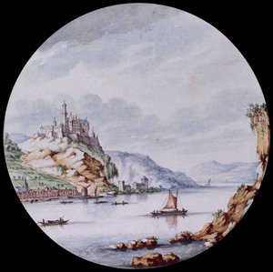 Pohled podél Rýna s vesnicí St. Goar a hradem Rheinfels (černé olovo, pero, šedý inkoust a akvarel)