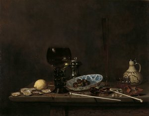 Zátiší s Roemerem, sklenicí na flétnu, kameninovým džbánem a dýmkami od Jan Jansz. van de Velde (III)