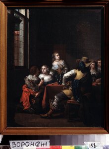 "Les festivites" (Veselé setkání) skupina jezdců a dam se šťastně shromáždila kolem stolu. Obraz Jana Josepha Horemanse staršího (1682-1759) 18. století Ivan Kramskoy (nebo Kramskoi) Muzeum výtvarných umění ve Voroněži (Voronezh), Rusko.
