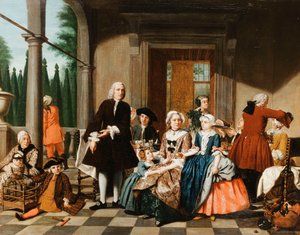 Portrét rodiny při stolování na Portico, formální zahradě za ním, 1747