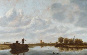 Muži na člunu v říční krajině se vzdáleným kostelem (olej na desce) od Jan Josefsz. van (circle of) Goyen