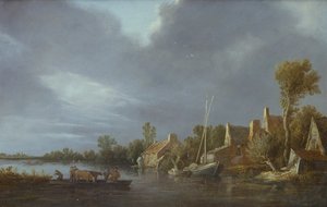 Vesnice u řeky s rolníky a dobytkem na trajektu od Jan Josephsz van Goyen